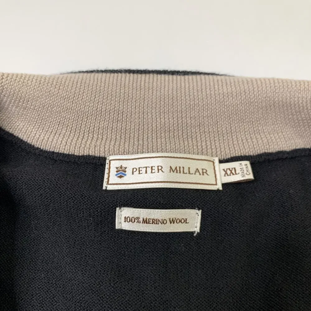Peter Millar Sweater Mens 2XL Black Merino Wool 1/4 Zip Knitted Pullover Golf